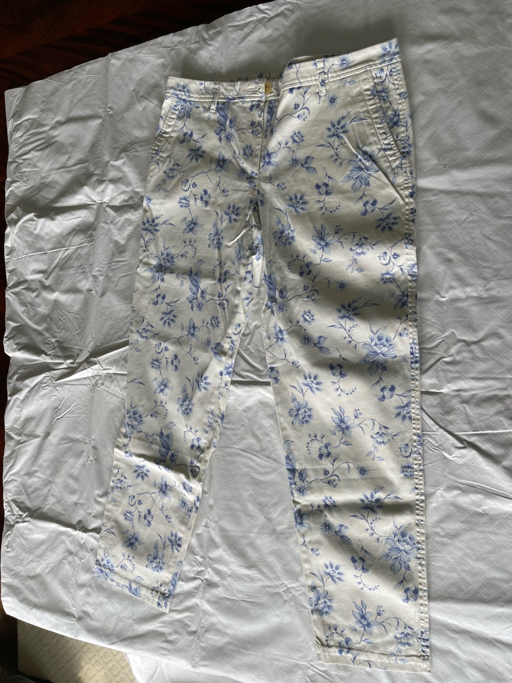 Talbots “Relaxed Chinos” Floral Printed Slim Pants in Blue and Cream